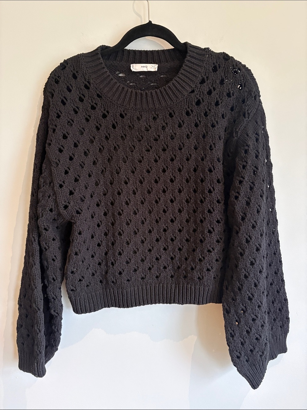 MANGO MNG Black Chunky Open Knit Crochet Sweater Size M